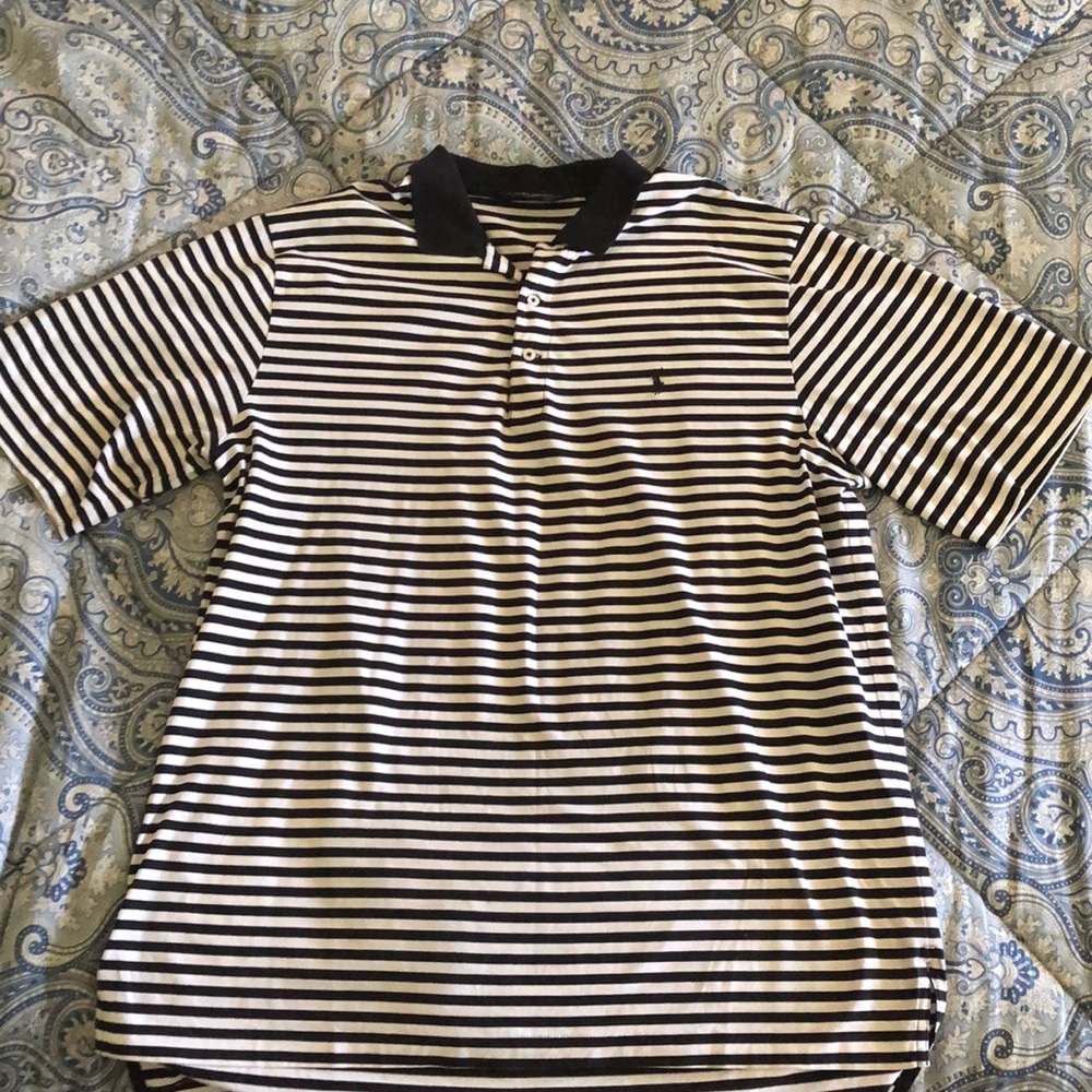 Black and white striped polo golf shirt.
